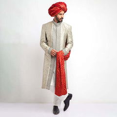 Puter and Ash Grey Zardozi Brocade Silk Sherwani (4-Piece) - Image 2