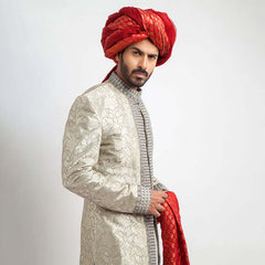 Puter and Ash Grey Zardozi Brocade Silk Sherwani (4-Piece) - Image 3