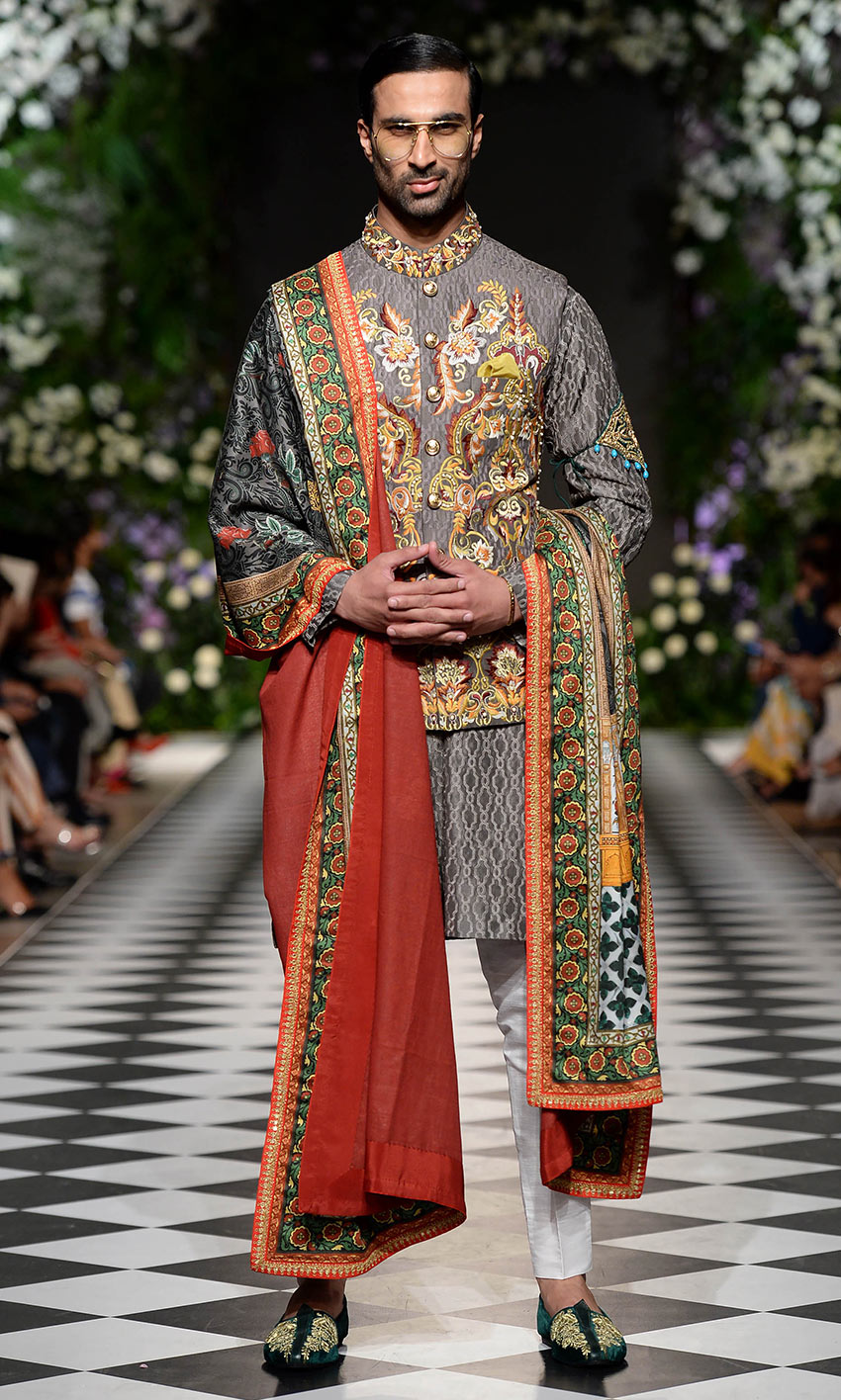 Grey Jacquard Embroidered Sherwani (3-Piece) - Image 1