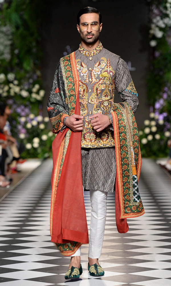 Grey Jacquard Embroidered Sherwani (3-Piece) - Image 3