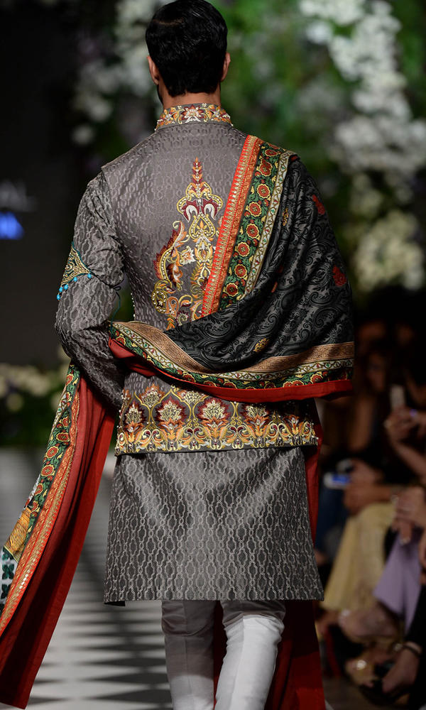 Grey Jacquard Embroidered Sherwani (3-Piece) - Image 4