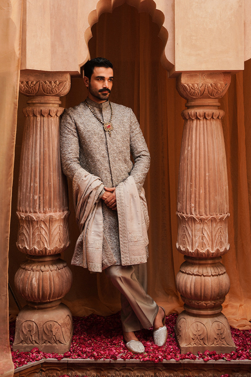 Grey Tilla & Resham Embroidered Jacquard Sherwani (3-Piece) - Image 1