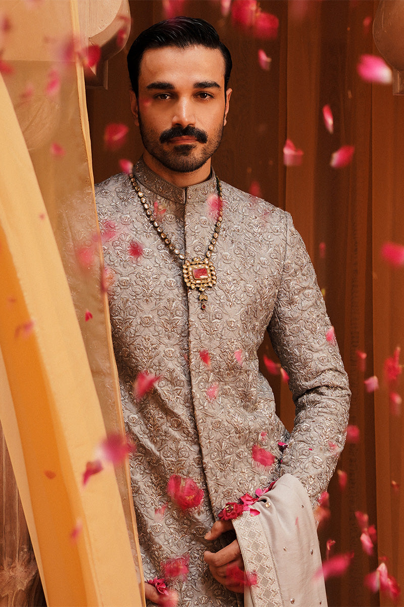 Grey Tilla & Resham Embroidered Jacquard Sherwani (3-Piece) - Image 2