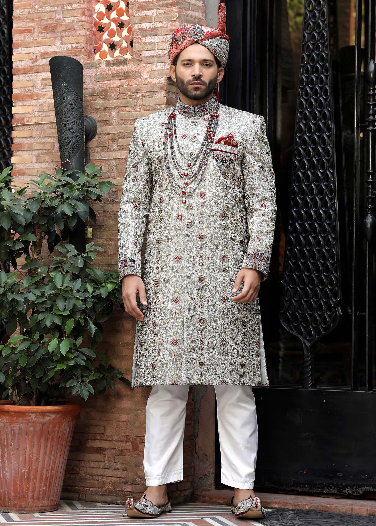Silver-Grey Zari Jamawar Groom Sherwani (2-Piece) - Image 1