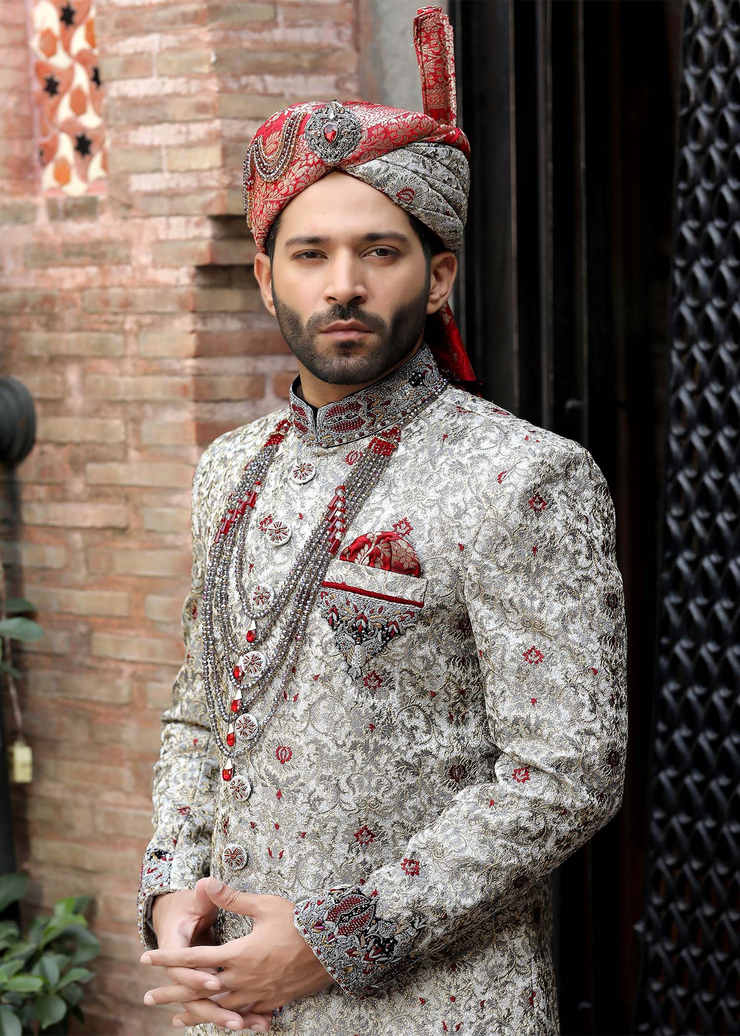 Silver-Grey Zari Jamawar Groom Sherwani (2-Piece) - Image 2