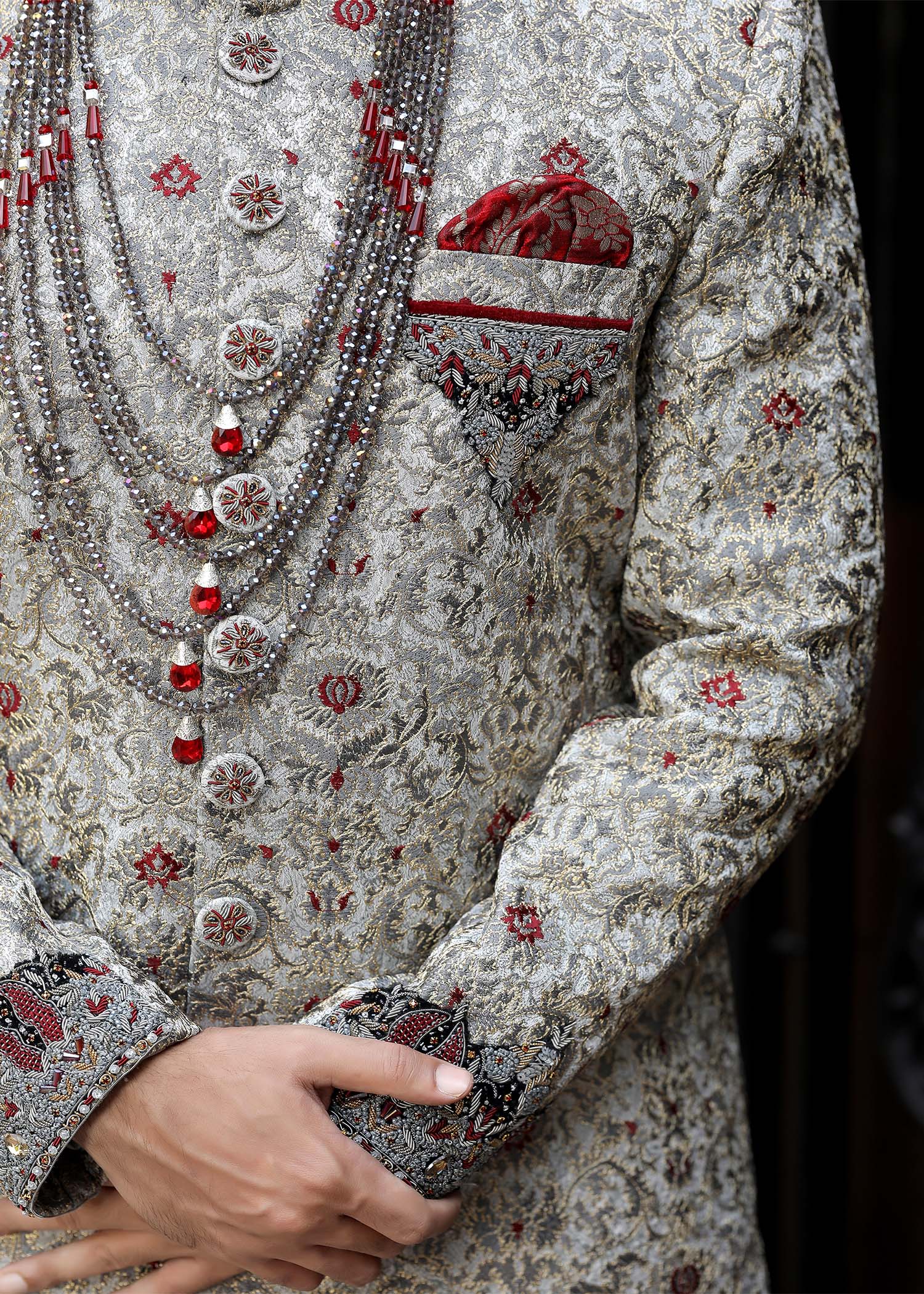 Silver-Grey Zari Jamawar Groom Sherwani (2-Piece) - Image 3