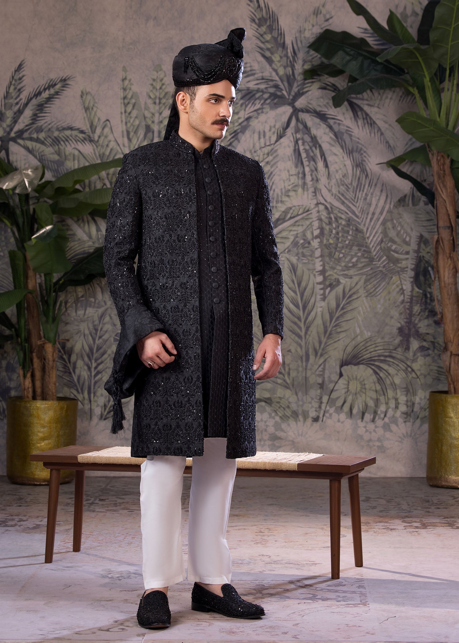 Grey Hand-Embroidered Jamawar Sherwani (5-Piece) - Image 2