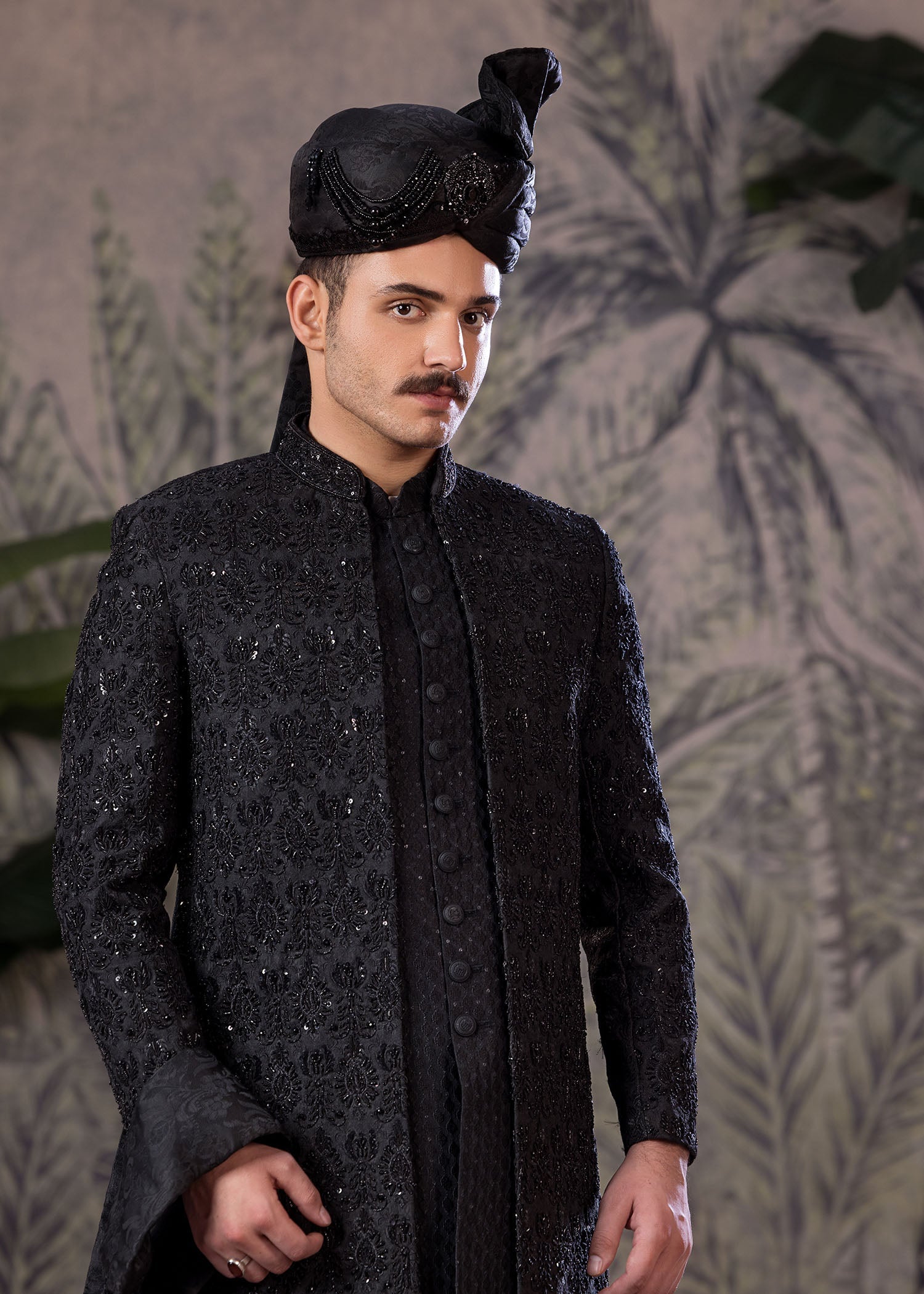 Grey Hand-Embroidered Jamawar Sherwani (5-Piece) - Image 3