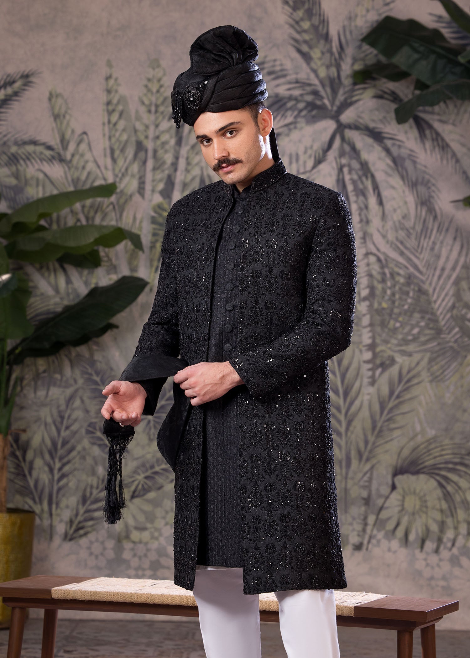 Grey Hand-Embroidered Jamawar Sherwani (5-Piece) - Image 4