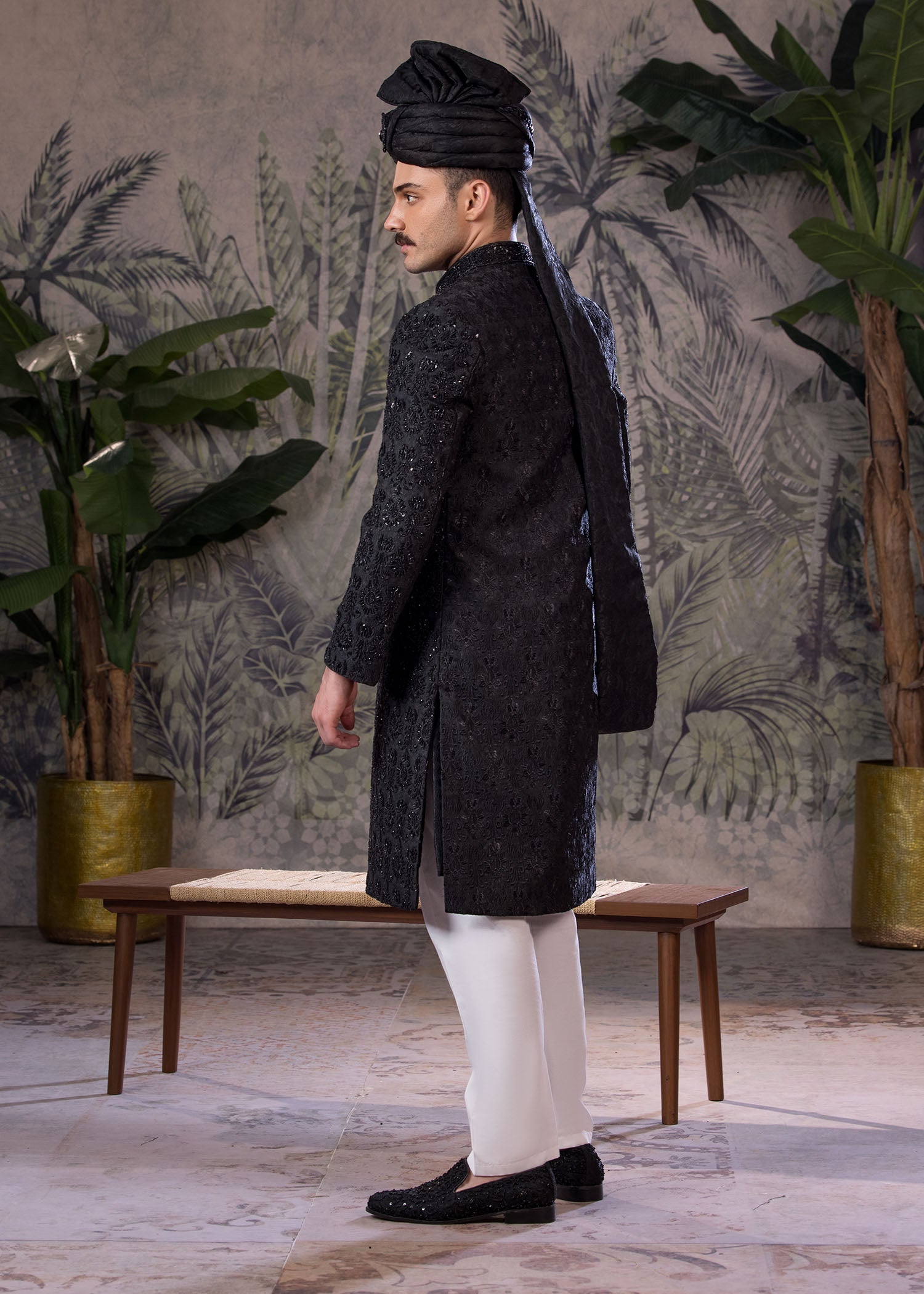 Grey Hand-Embroidered Jamawar Sherwani (5-Piece) - Image 5