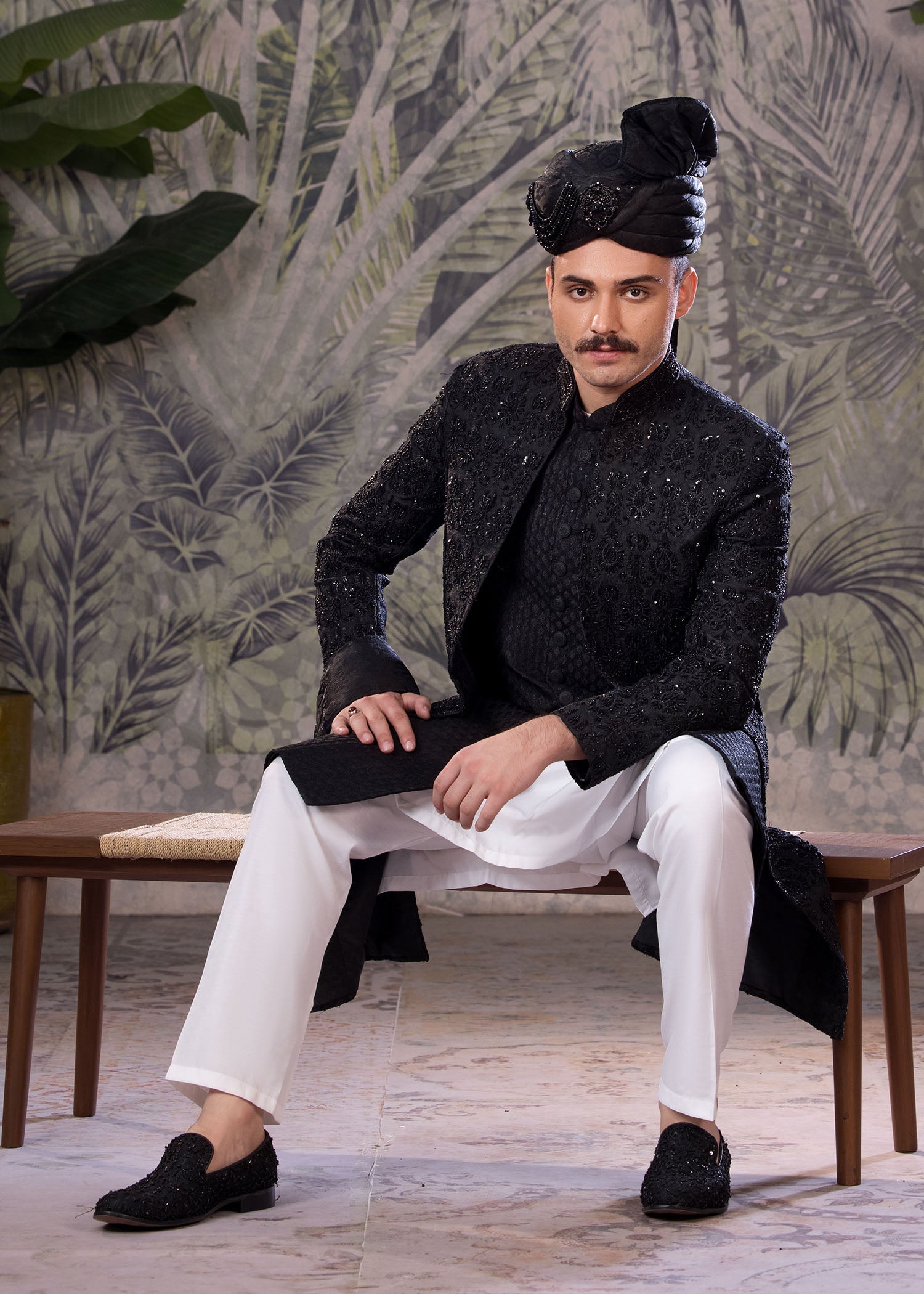 Grey Hand-Embroidered Jamawar Sherwani (5-Piece) - Image 6