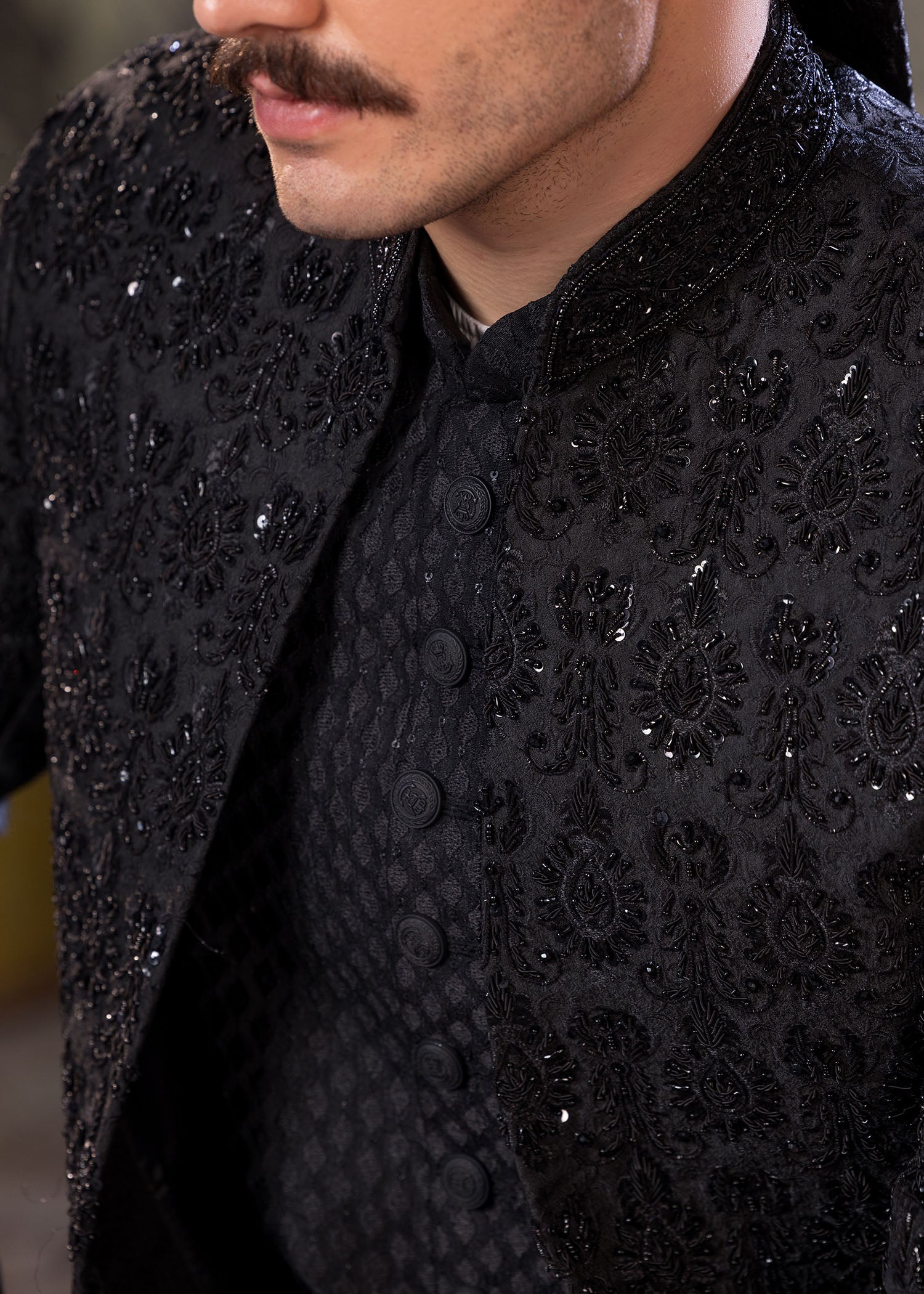 Grey Hand-Embroidered Jamawar Sherwani (5-Piece) - Image 7