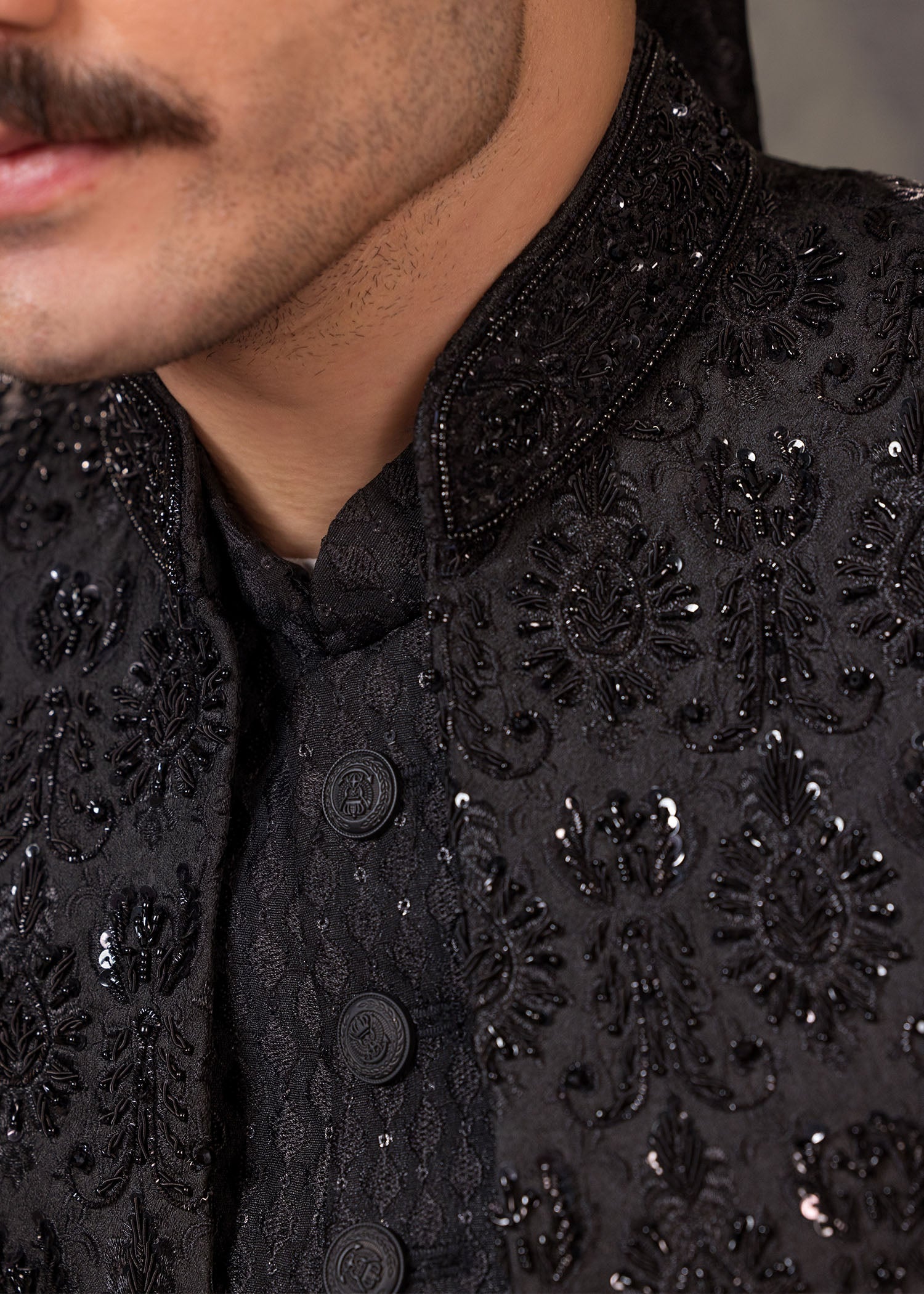 Grey Hand-Embroidered Jamawar Sherwani (5-Piece) - Image 9
