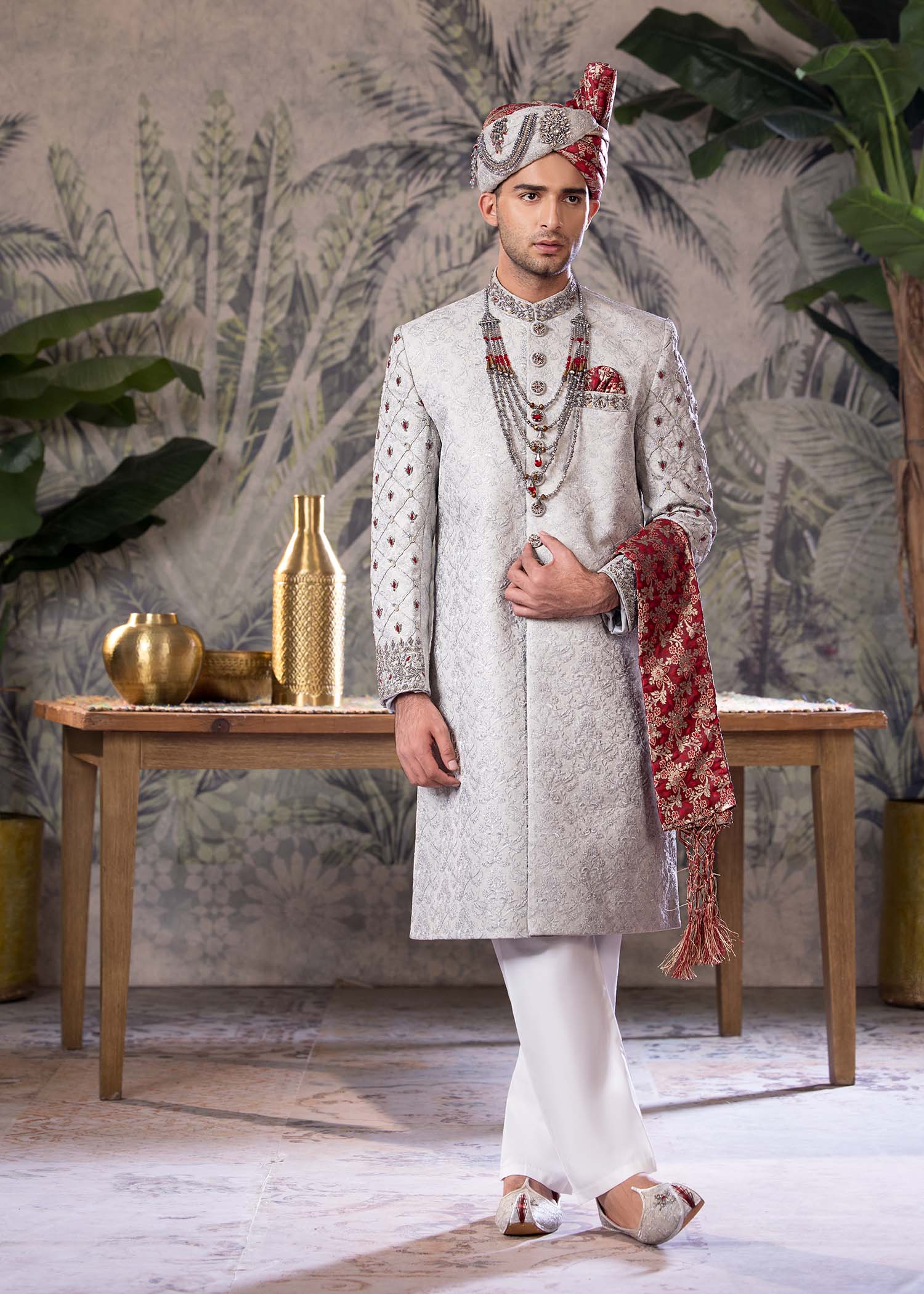 Grey Hand-Embroidered Jamawar Sherwani (5-Piece) - Image 2