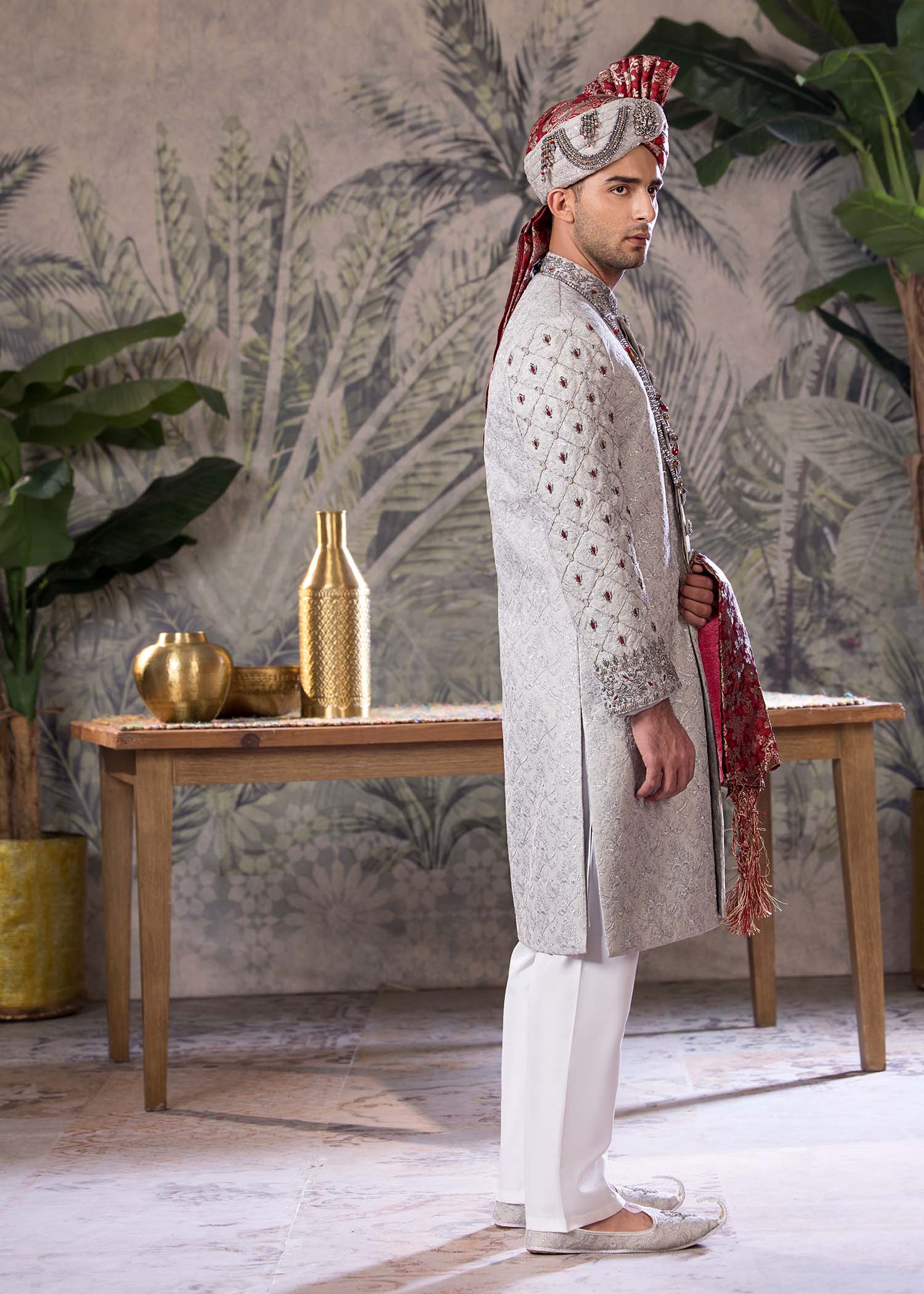 Grey Hand-Embroidered Jamawar Sherwani (5-Piece) - Image 4