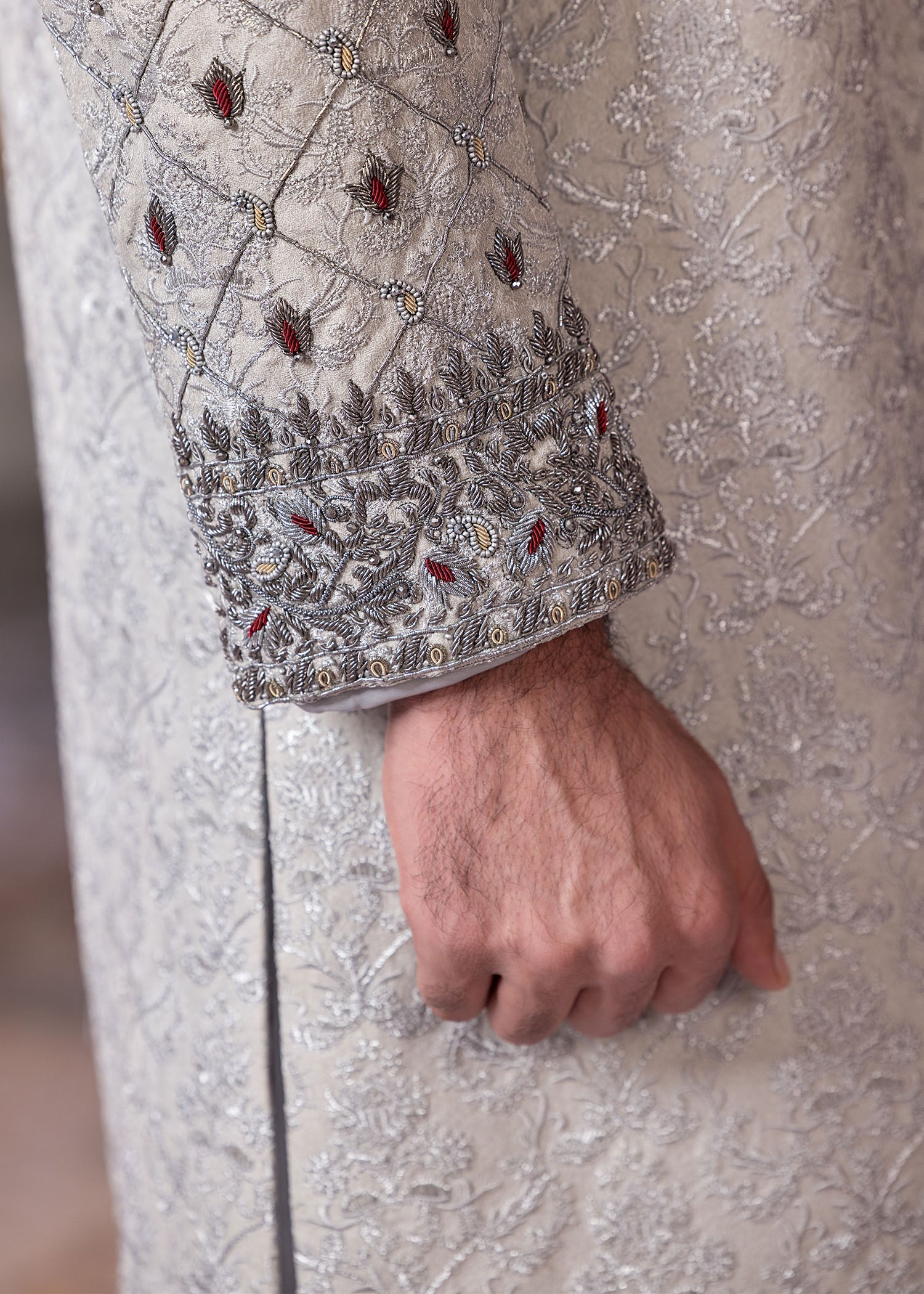 Grey Hand-Embroidered Jamawar Sherwani (5-Piece) - Image 5