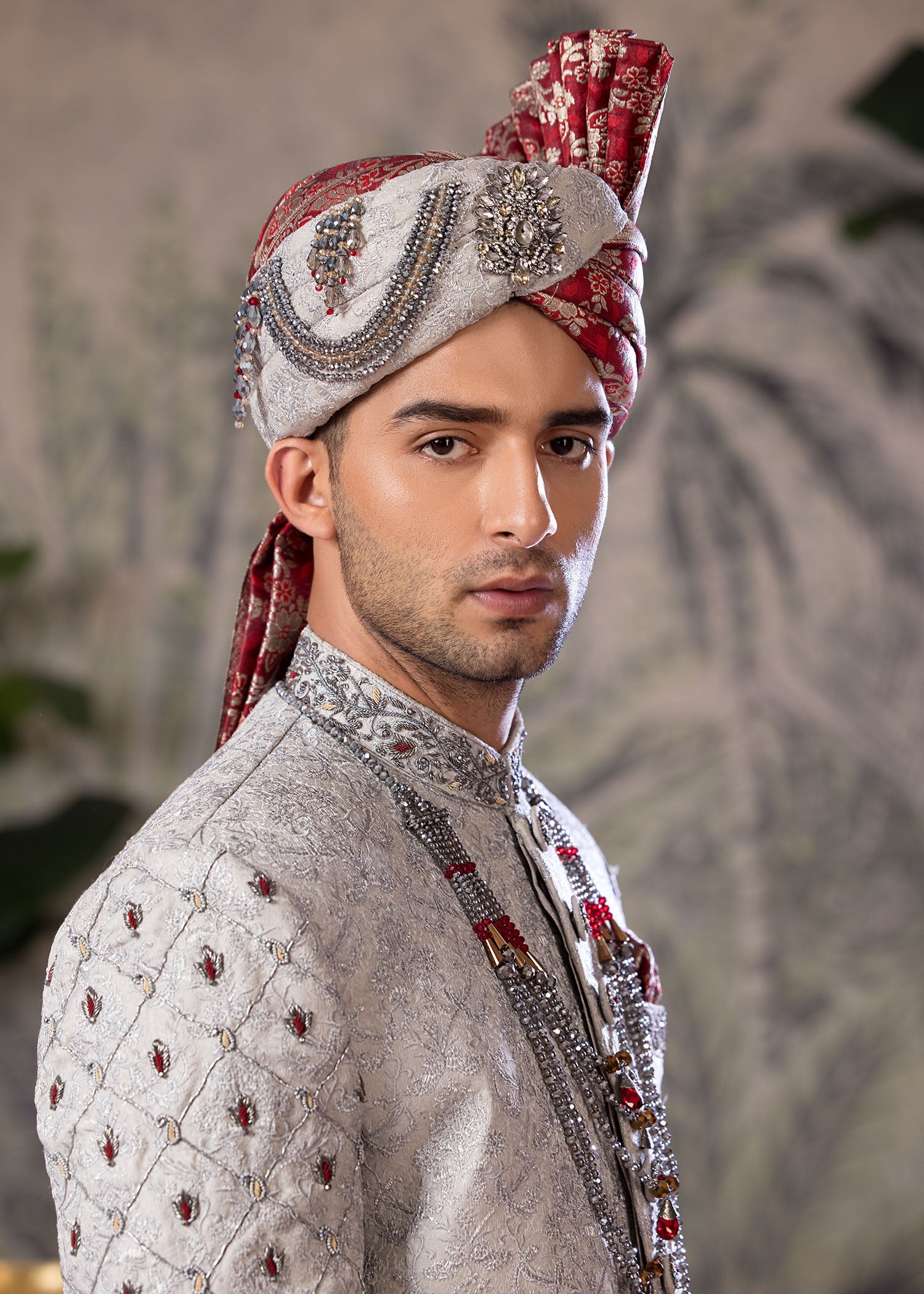 Grey Hand-Embroidered Jamawar Sherwani (5-Piece) - Image 6