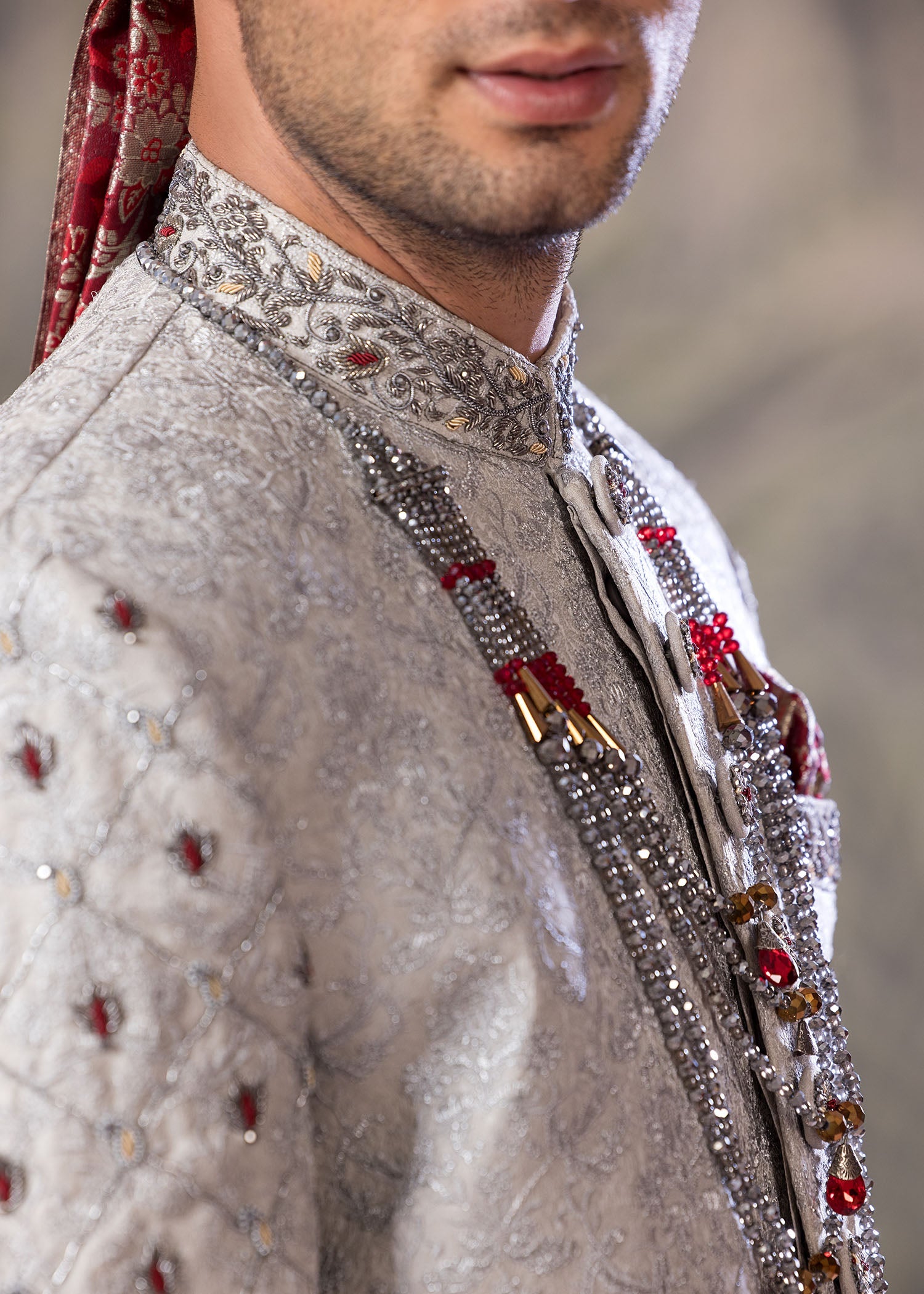 Grey Hand-Embroidered Jamawar Sherwani (5-Piece) - Image 7
