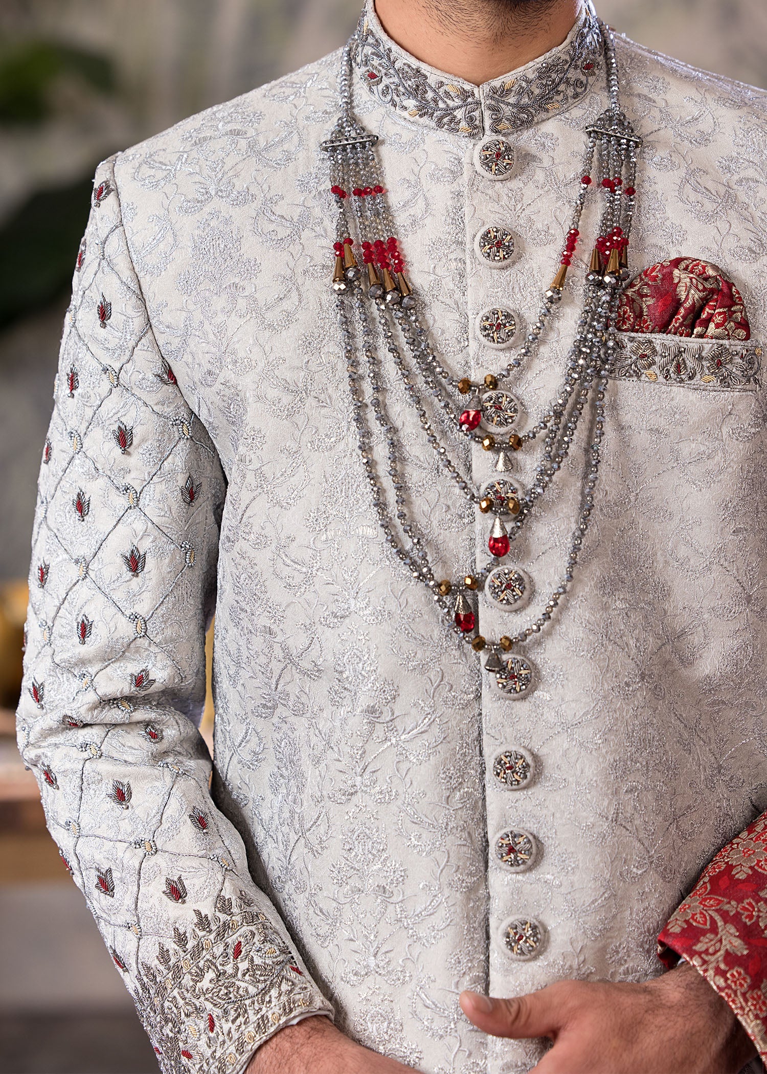 Grey Hand-Embroidered Jamawar Sherwani (5-Piece) - Image 8