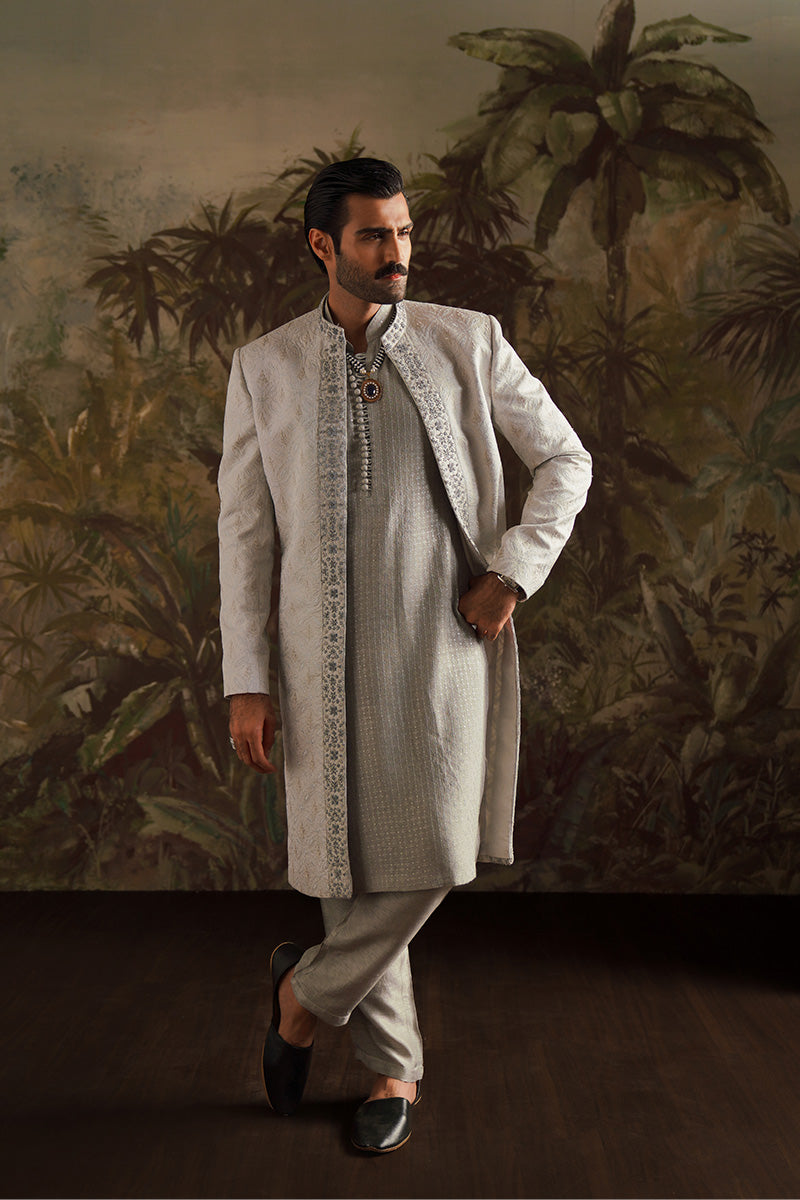 Ice Grey Embroidered Jamawar Sherwani (3-Piece) - Image 1