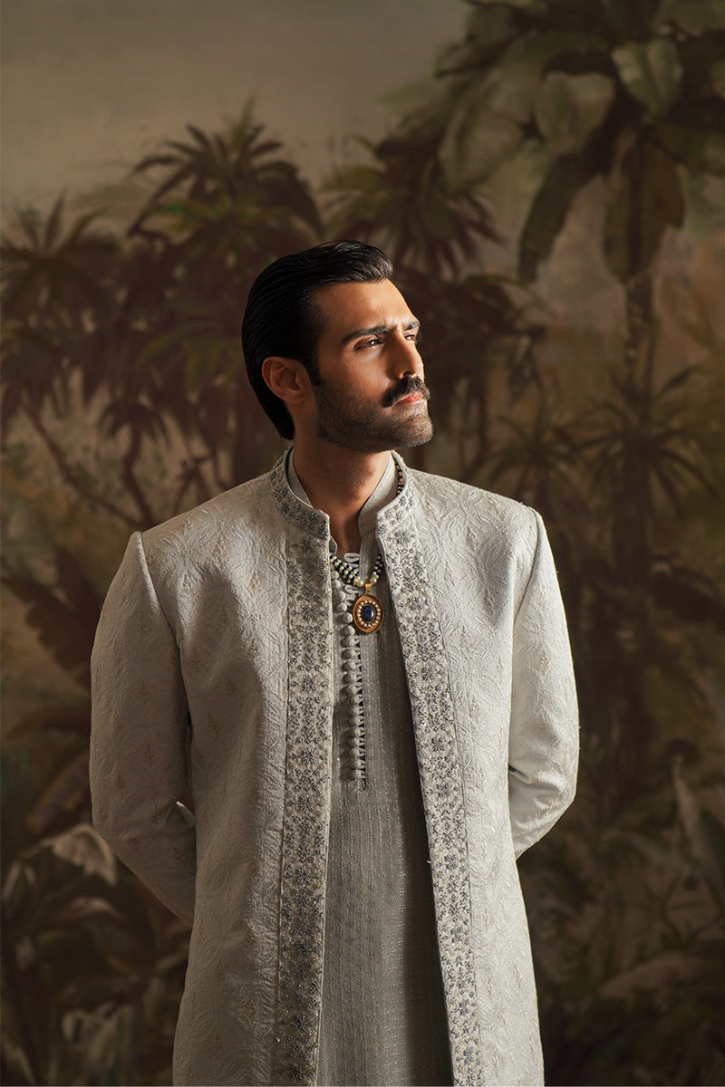 Ice Grey Embroidered Jamawar Sherwani (3-Piece) - Image 2