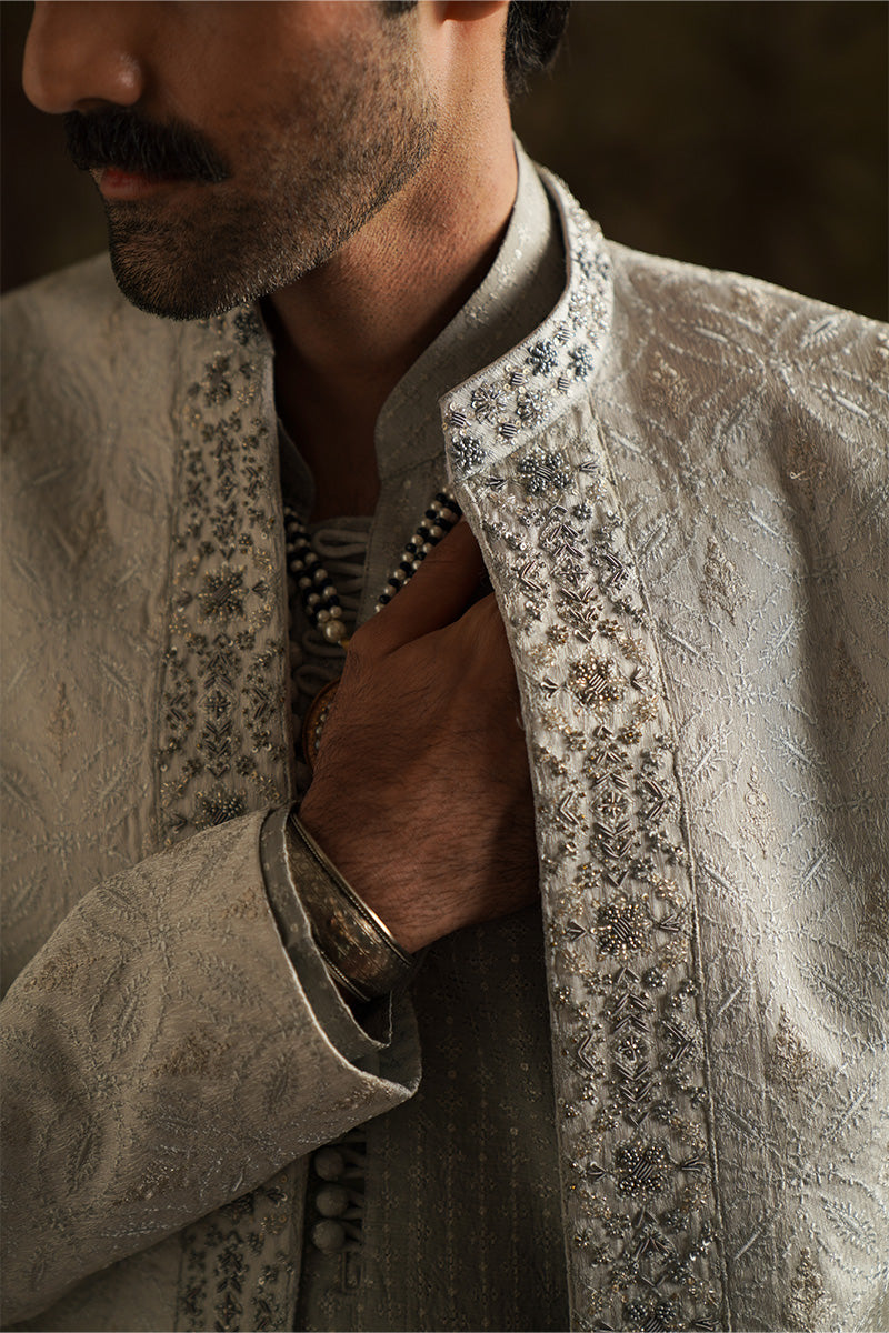 Ice Grey Embroidered Jamawar Sherwani (3-Piece) - Image 3