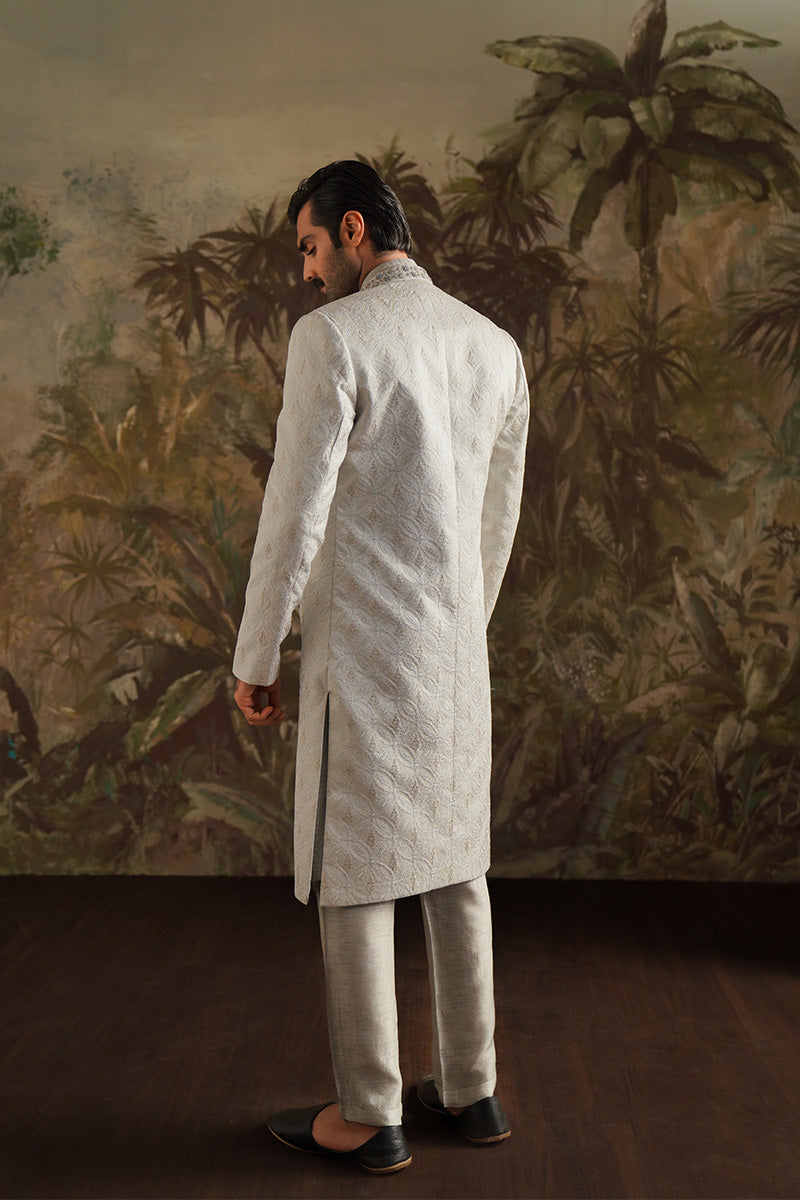 Ice Grey Embroidered Jamawar Sherwani (3-Piece) - Image 4