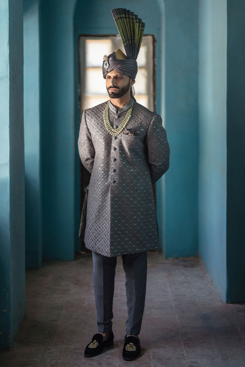 Grey Hand-Embroidered Raw Silk Sherwani (2-Piece) - Image 1