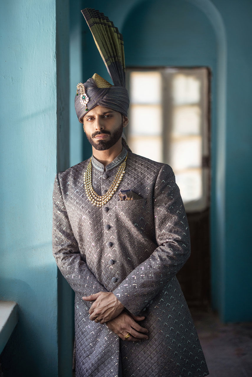 Grey Hand-Embroidered Raw Silk Sherwani (2-Piece) - Image 2