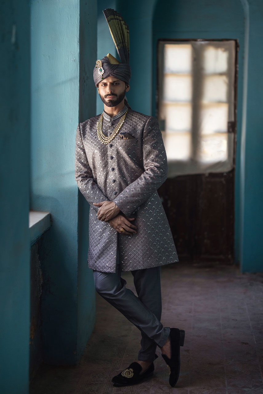 Grey Hand-Embroidered Raw Silk Sherwani (2-Piece) - Image 3