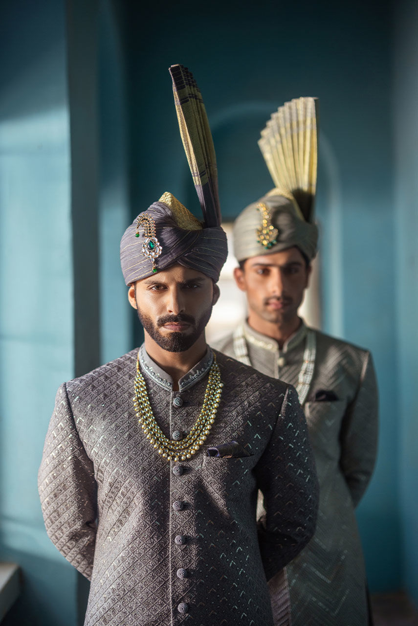 Grey Hand-Embroidered Raw Silk Sherwani (2-Piece) - Image 4
