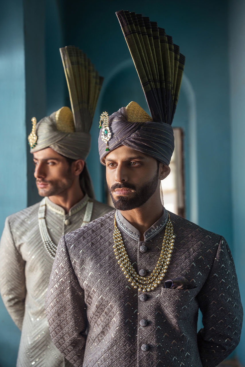 Grey Hand-Embroidered Raw Silk Sherwani (2-Piece) - Image 5