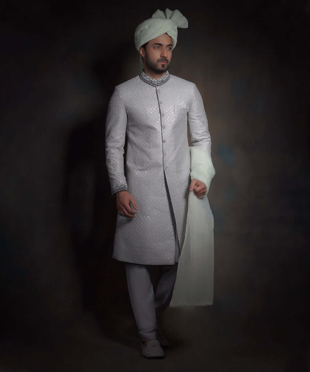 Dove Grey Silver Zardozi Raw Silk Sherwani (3-Piece) - Image 1