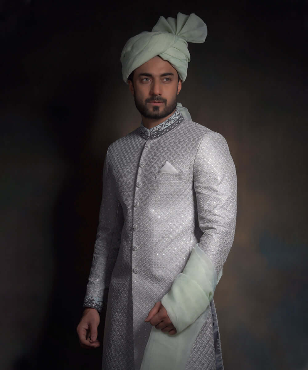 Dove Grey Silver Zardozi Raw Silk Sherwani (3-Piece) - Image 4