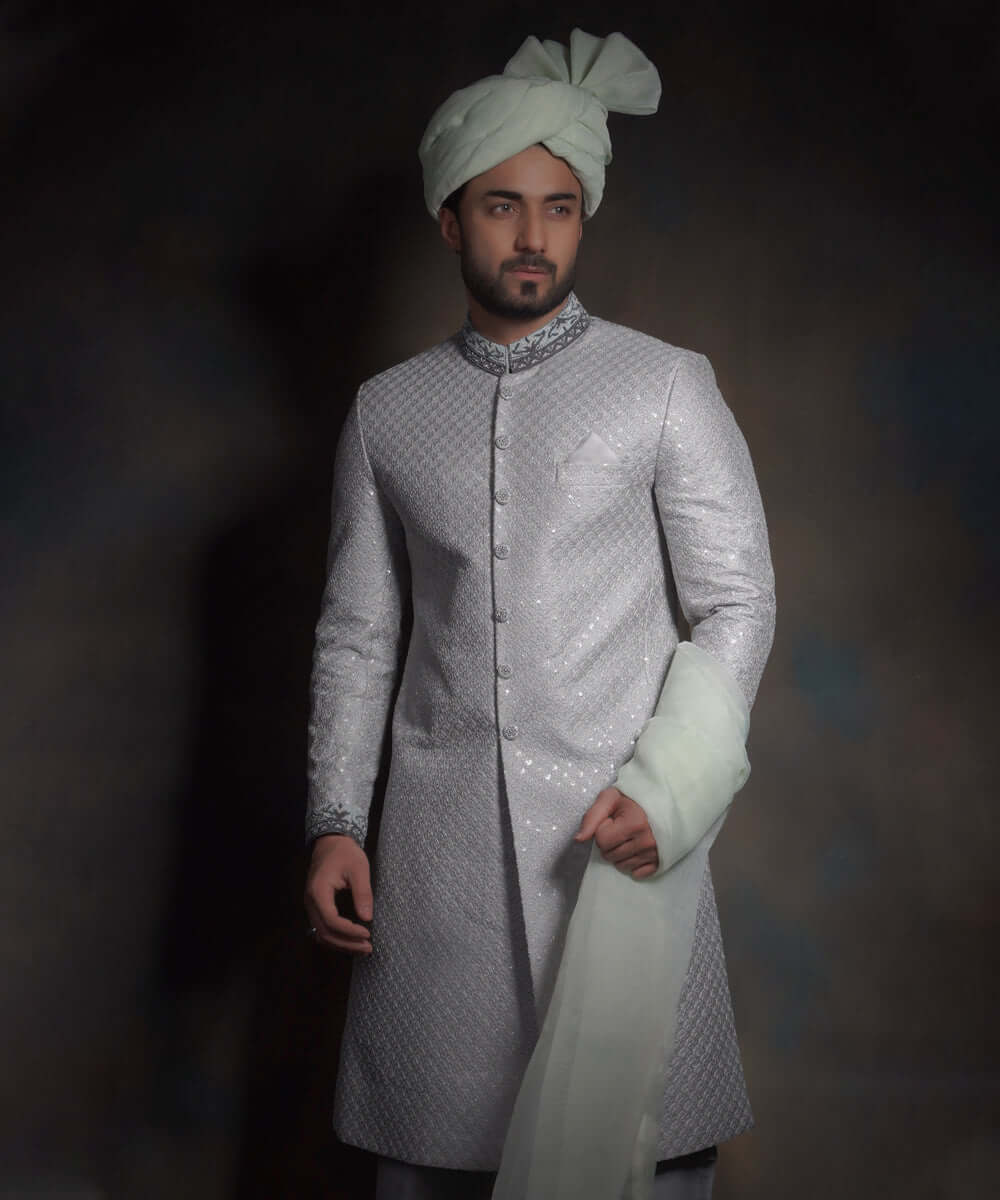 Dove Grey Silver Zardozi Raw Silk Sherwani (3-Piece) - Image 5
