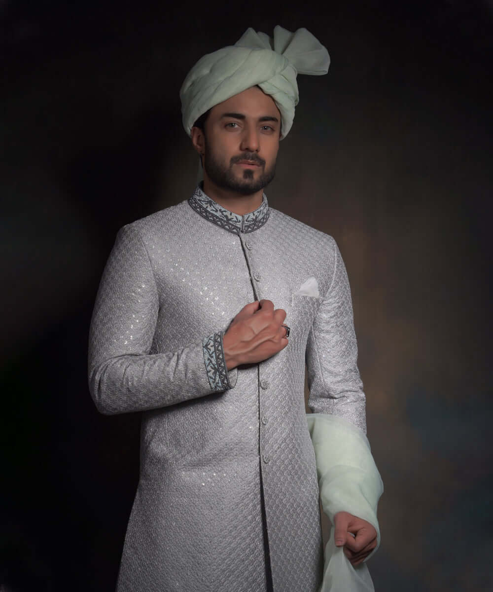 Dove Grey Silver Zardozi Raw Silk Sherwani (3-Piece) - Image 6