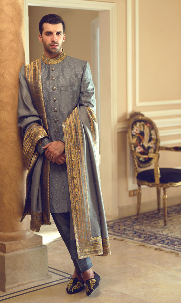 Ashy Grey Gold Handworked Jacquard Sherwani (3-Piece) - Image 2