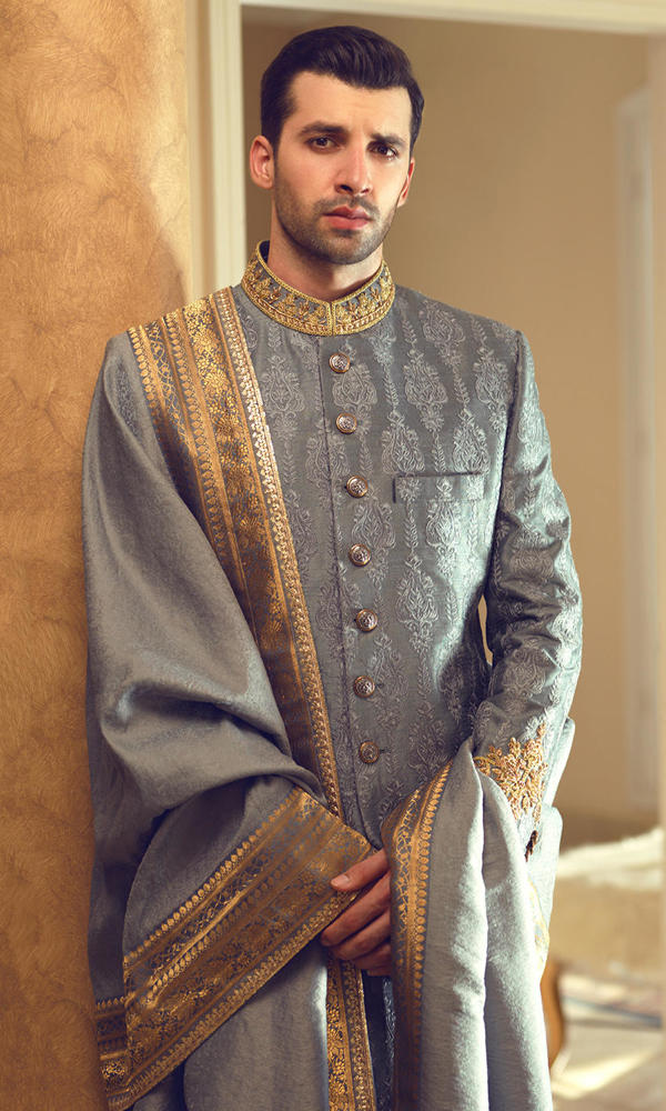 Ashy Grey Gold Handworked Jacquard Sherwani (3-Piece) - Image 3