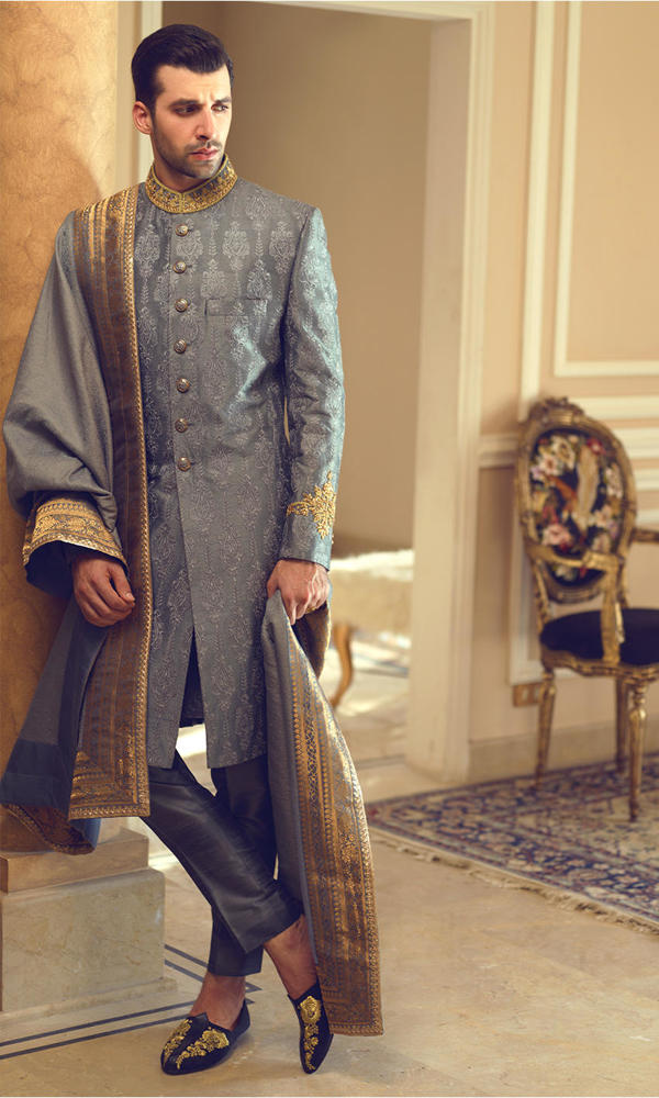 Ashy Grey Gold Handworked Jacquard Sherwani (3-Piece) - Image 4
