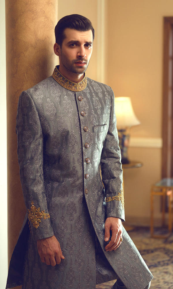 Ashy Grey Gold Handworked Jacquard Sherwani (3-Piece) - Image 5