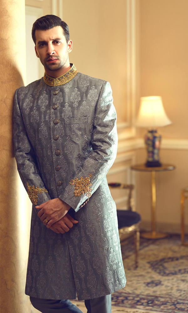 Ashy Grey Gold Handworked Jacquard Sherwani (3-Piece) - Image 6