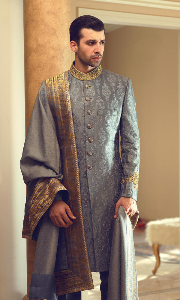Ashy Grey Gold Handworked Jacquard Sherwani (3-Piece) - Image 7