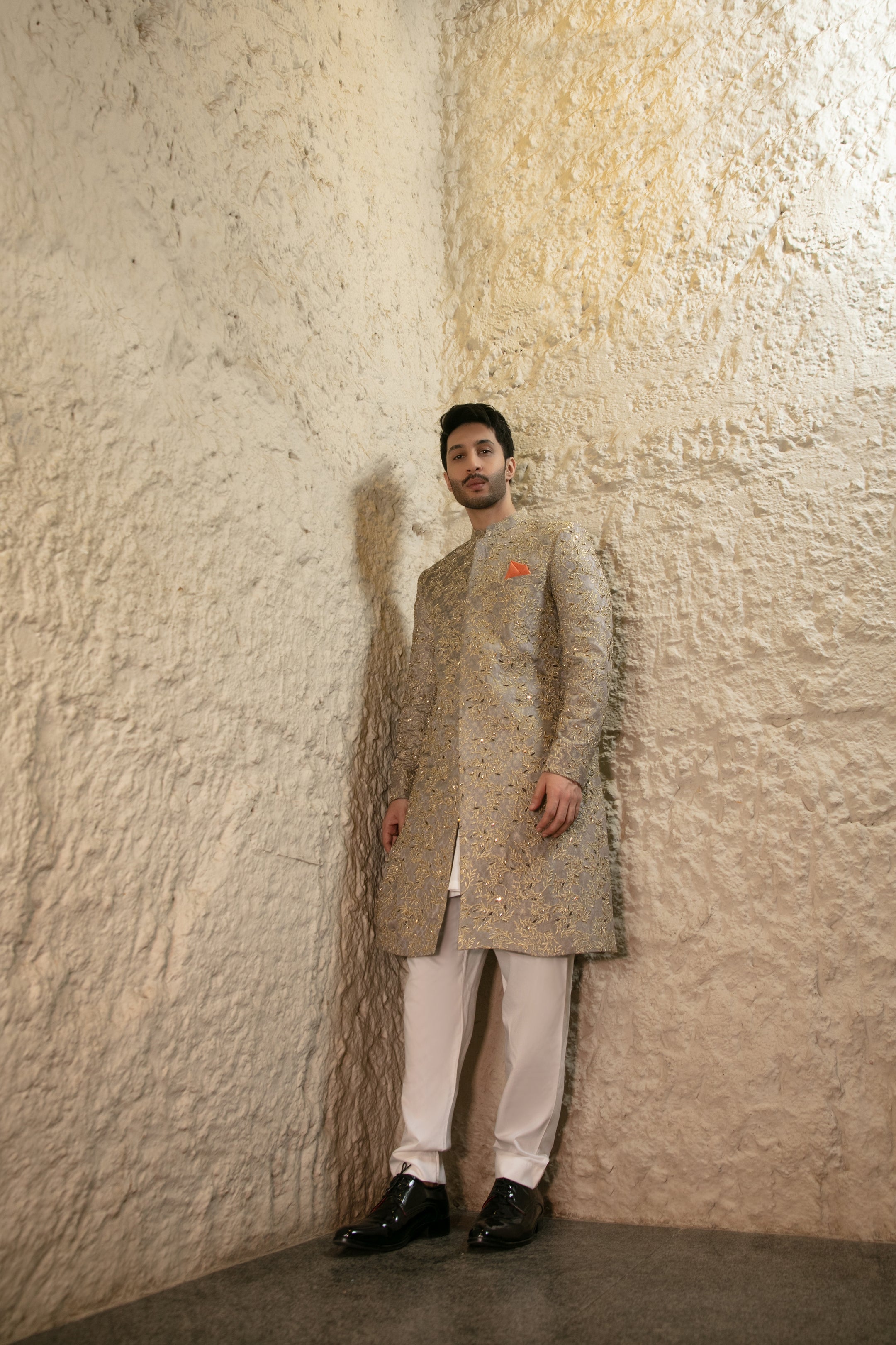 Grey Embroidered Silk-Blend Sherwani (2-Piece) - Image 2