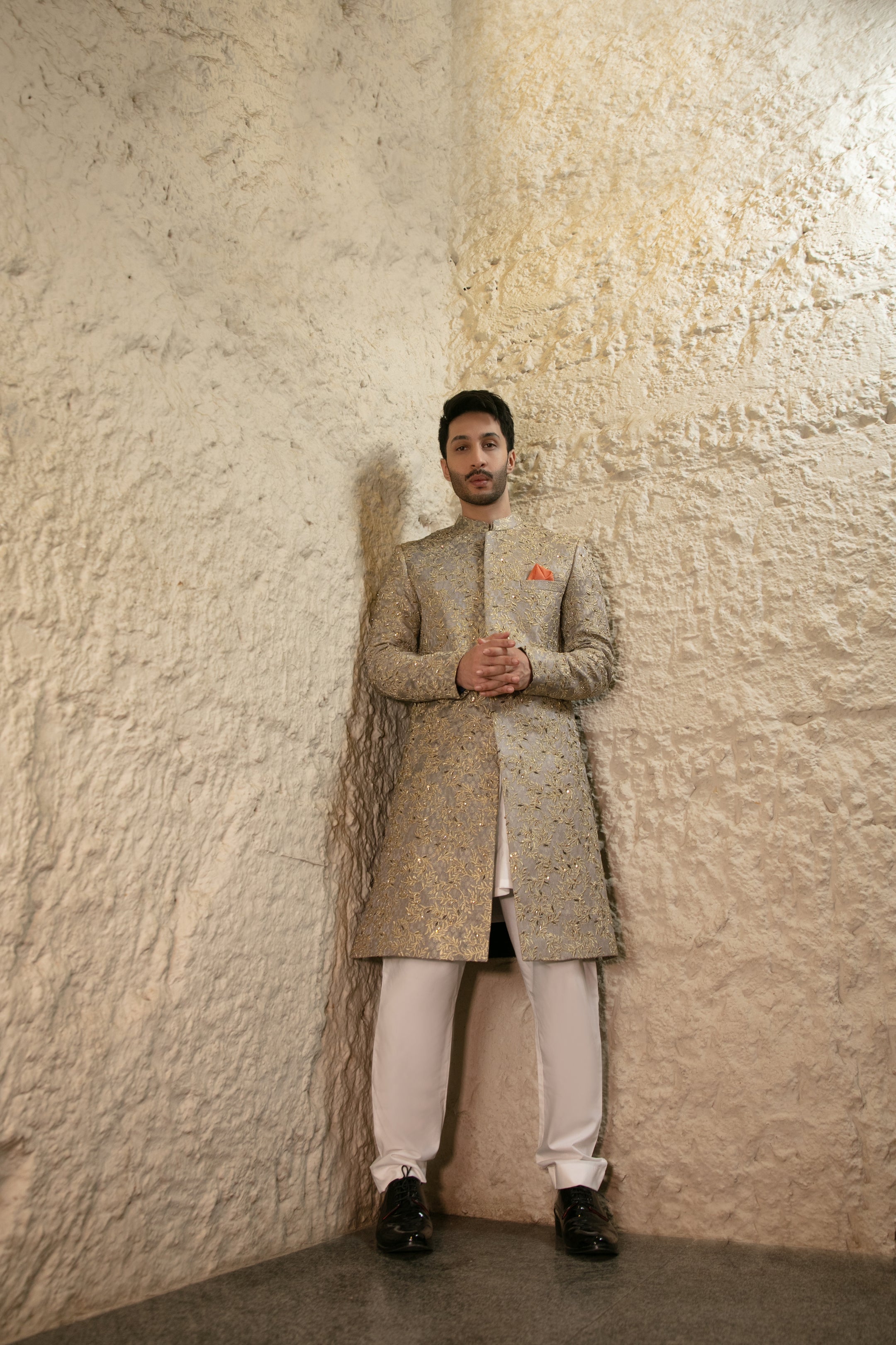 Grey Embroidered Silk-Blend Sherwani (2-Piece) - Image 5