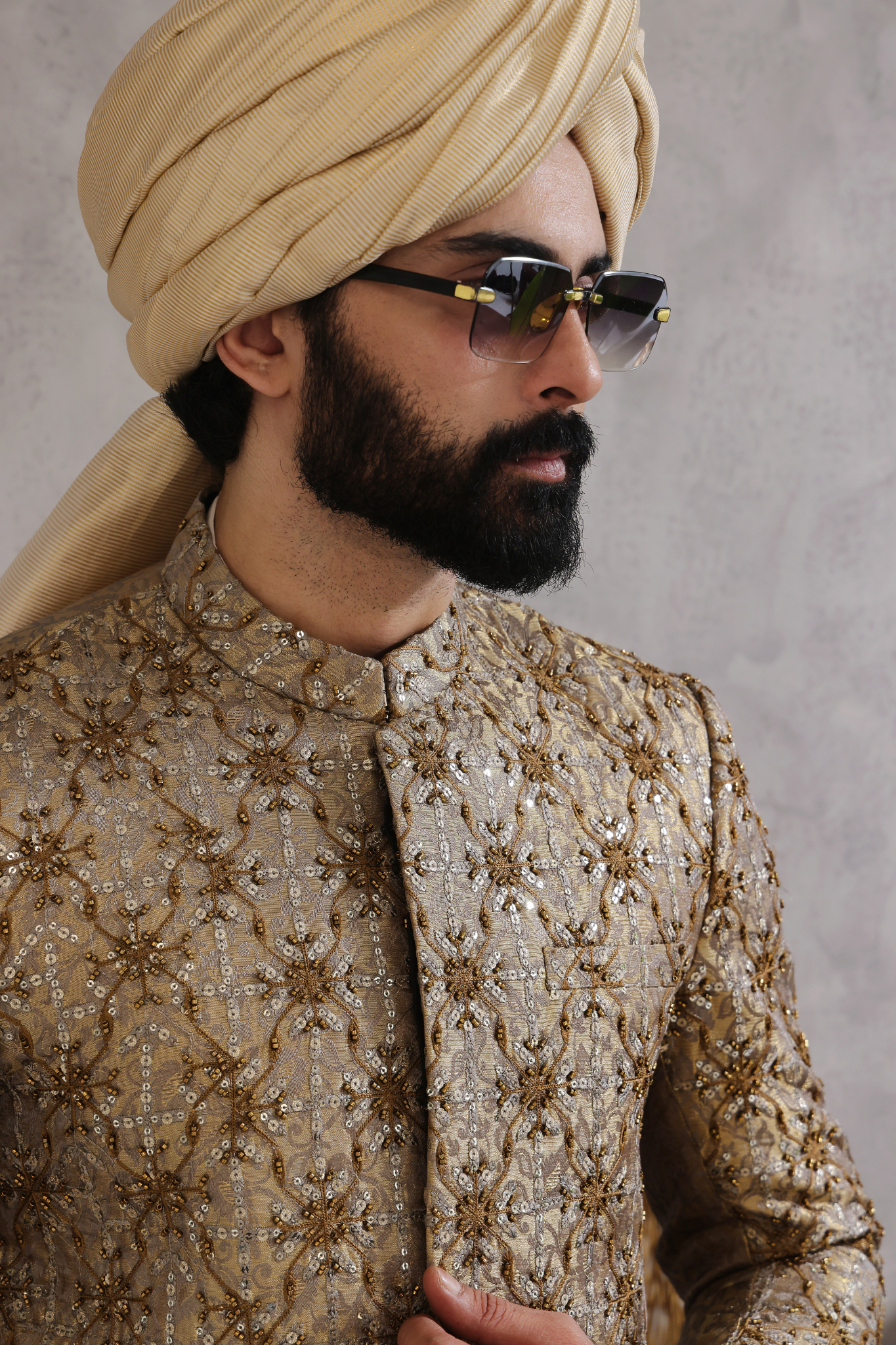 Grey Embroidered Silk-Blend Brocade Sherwani (3-Piece) - Image 1