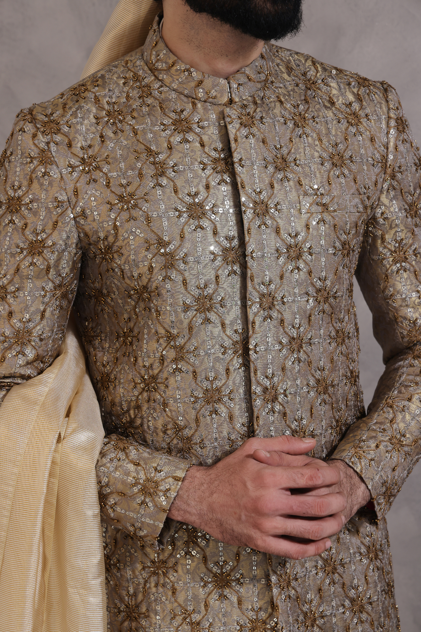 Grey Embroidered Silk-Blend Brocade Sherwani (3-Piece) - Image 2