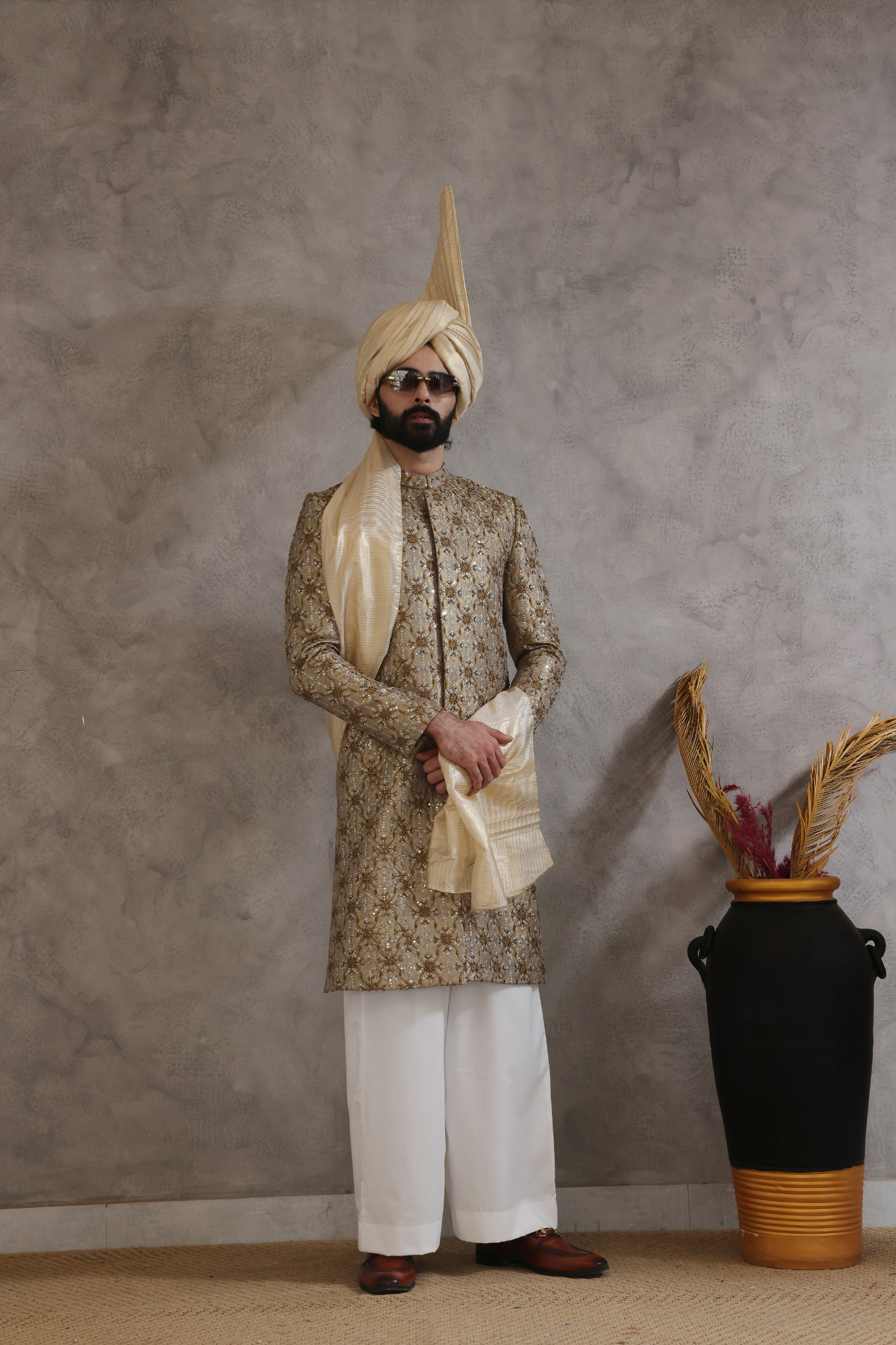 Grey Embroidered Silk-Blend Brocade Sherwani (3-Piece) - Image 3