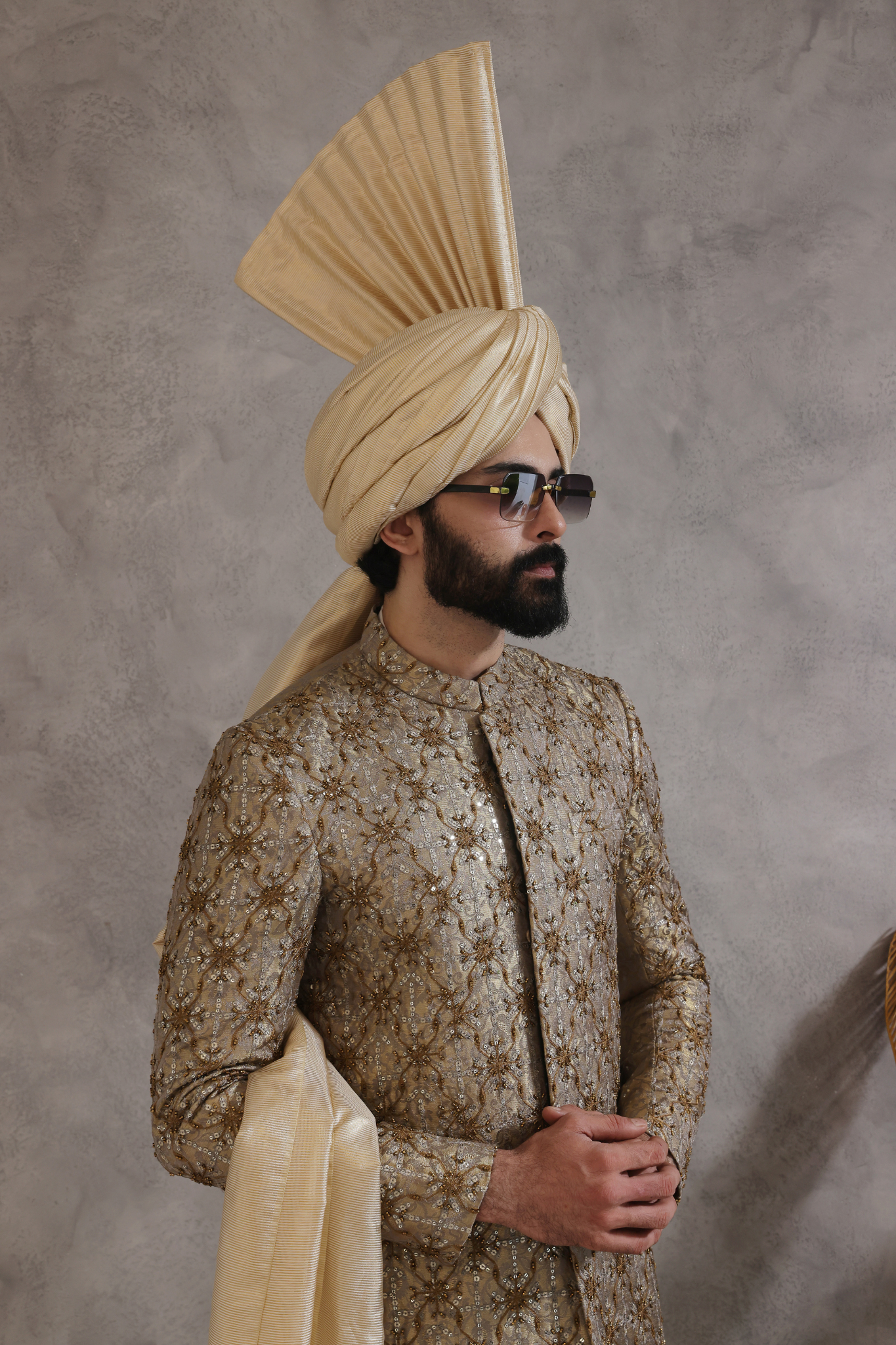 Grey Embroidered Silk-Blend Brocade Sherwani (3-Piece) - Image 4