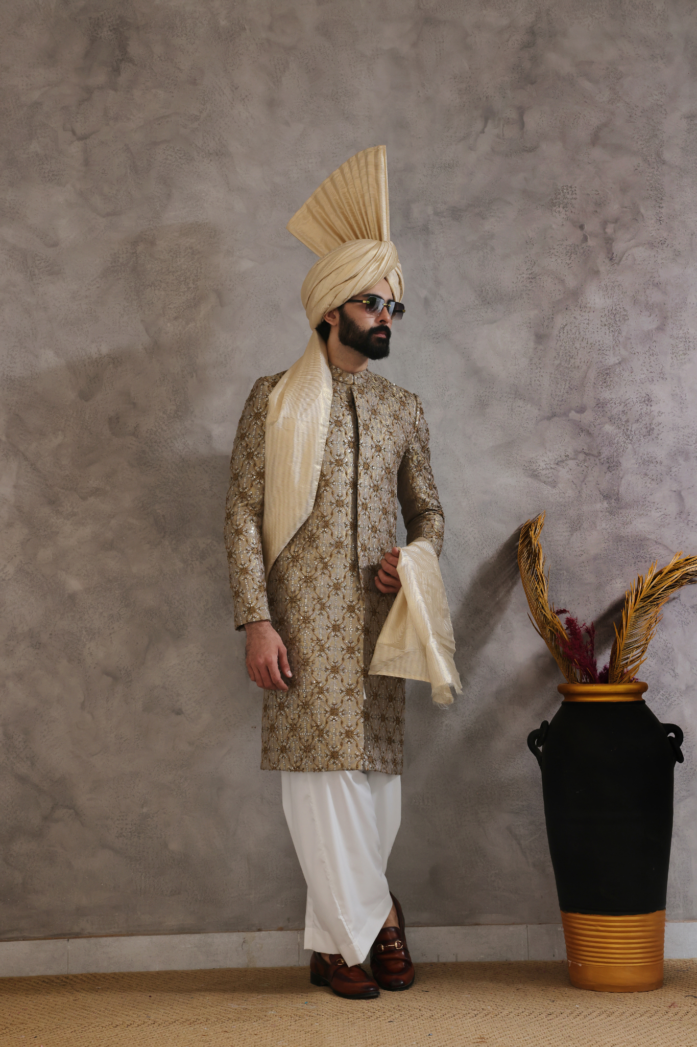 Grey Embroidered Silk-Blend Brocade Sherwani (3-Piece) - Image 5