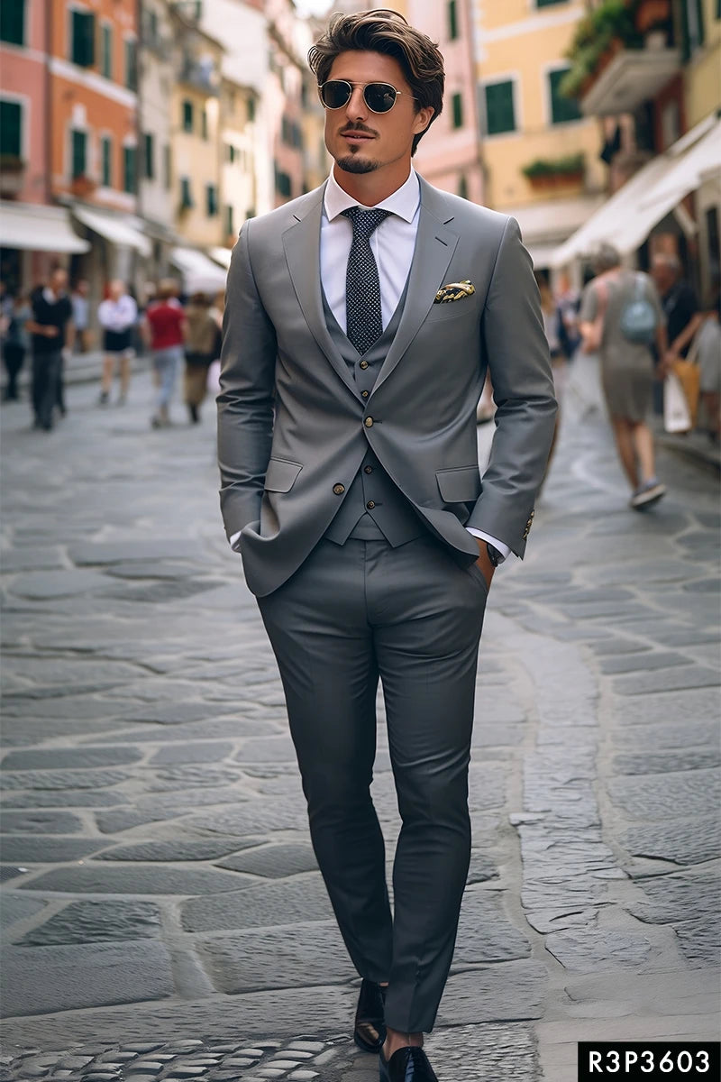 Light Grey Suiting Fabric 3-Piece Groom Suit - Image 1